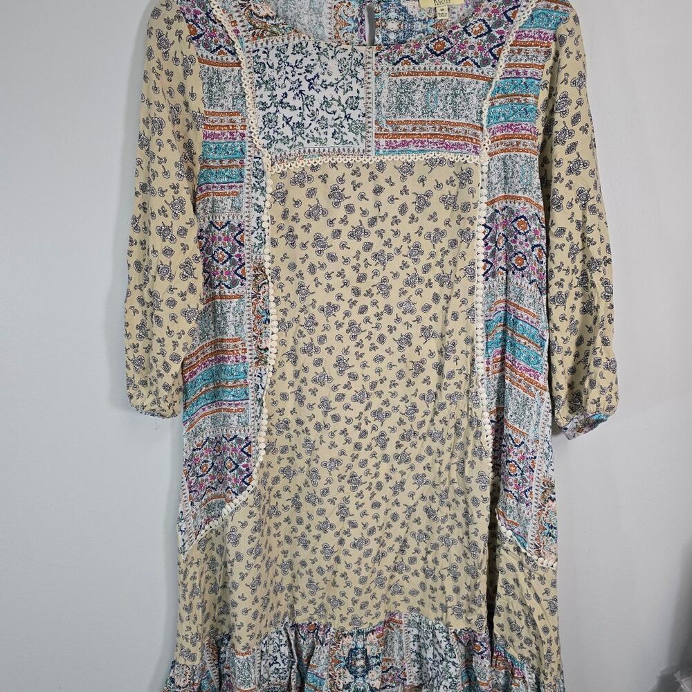 Kori America Boho Patchwork Print Ruffle Hem Midi Dress sz med
